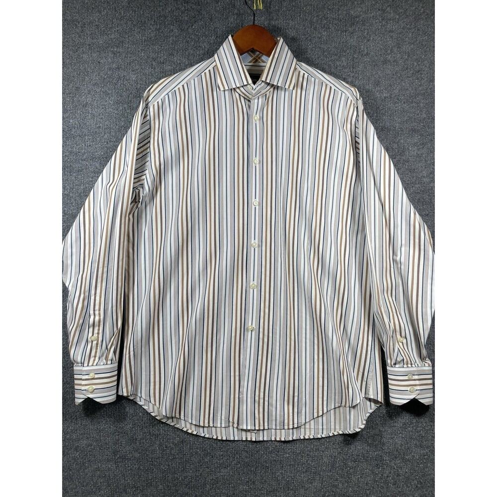 Neiman Marcus Button Up Shirt Men's Large Beige Striped Longsleeve Reverse Cuff